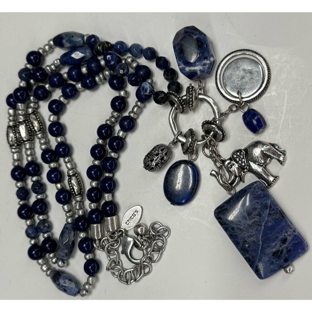 Chico's Beaded Necklace Chunky Blue Stones Silver Accent Beads Charms Boho Y2K